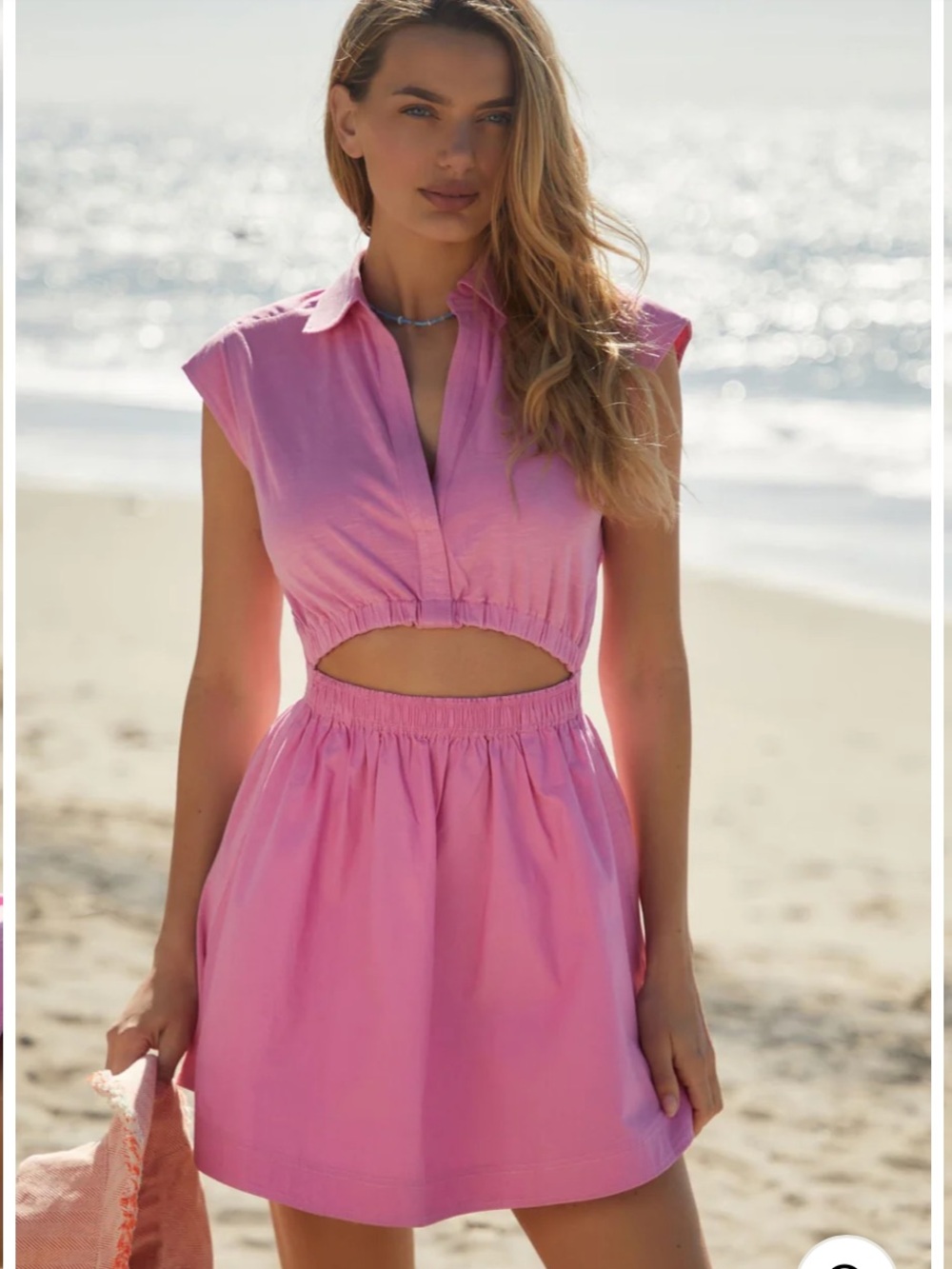Notched-Collar Pink Mini Dress with Front Cutout